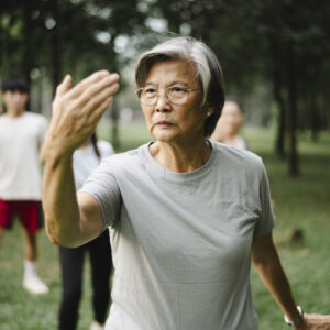Active senior mother teaching her family Tai Chi.